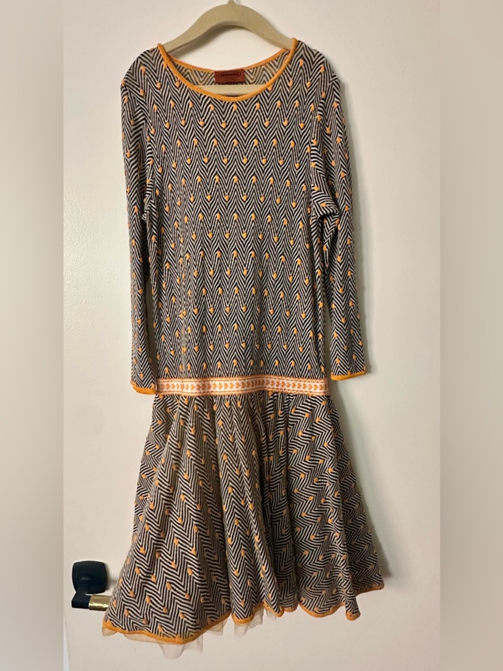 Missoni Girls Chevron Knit Drop-Waist Dress with Yellow Trim Size 10.